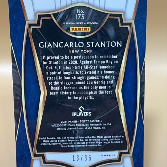 2021 Select Giancarlo Stanton Blue Prizm Serial 13/35 New York Yankees Card #175 - Picture 5 of 5